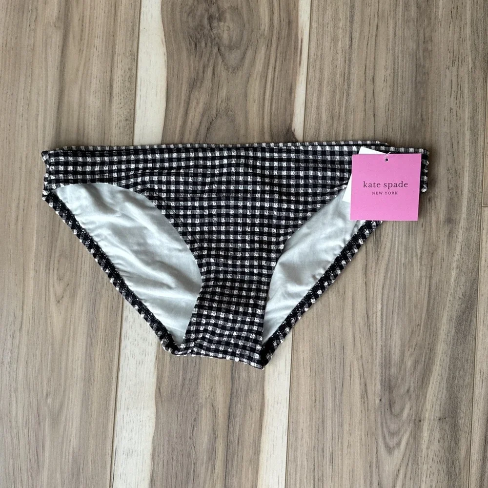 KATE SPADE Gingham Bikini Bottom Mid Rise Women's Small Black White Medium New